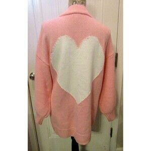 Crown & Ivy Cardigan Womens Pink Heart Knit Sweater Balloon Sleeves Oversized S
